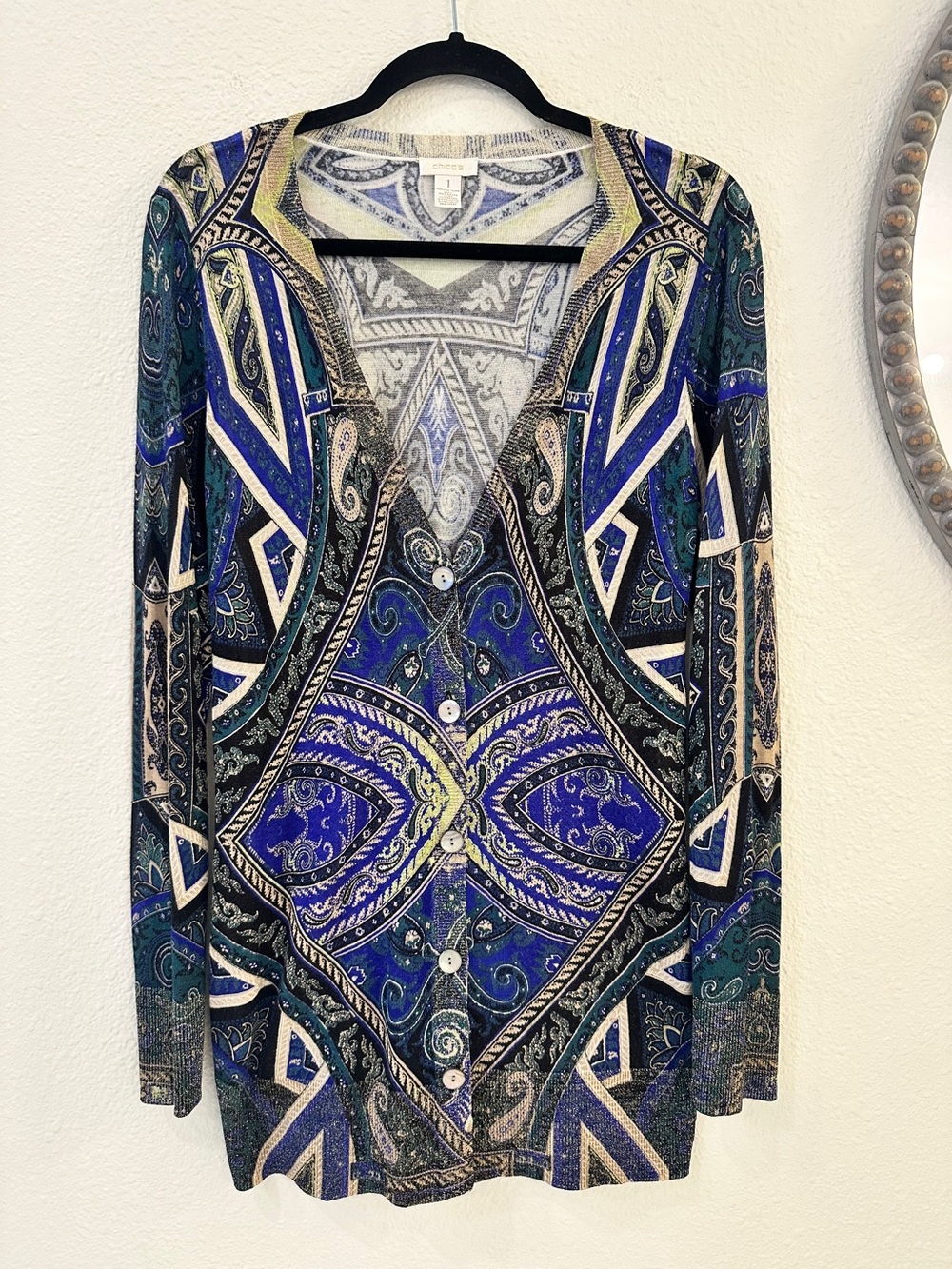 Chico’s Long Sleeve Printed V-Neck Cardigan - Blue/Green Pattern